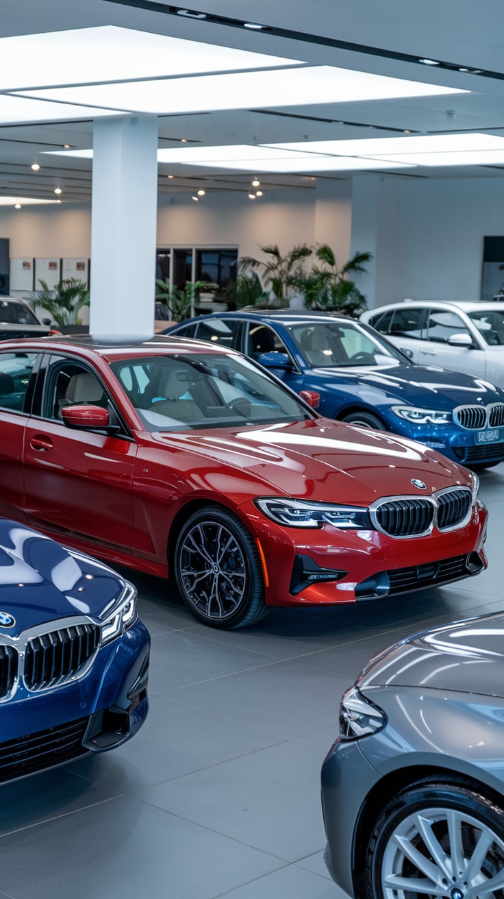 A modern BMW 3 Series parked in an urban setting at night, showcasing its iconic design.