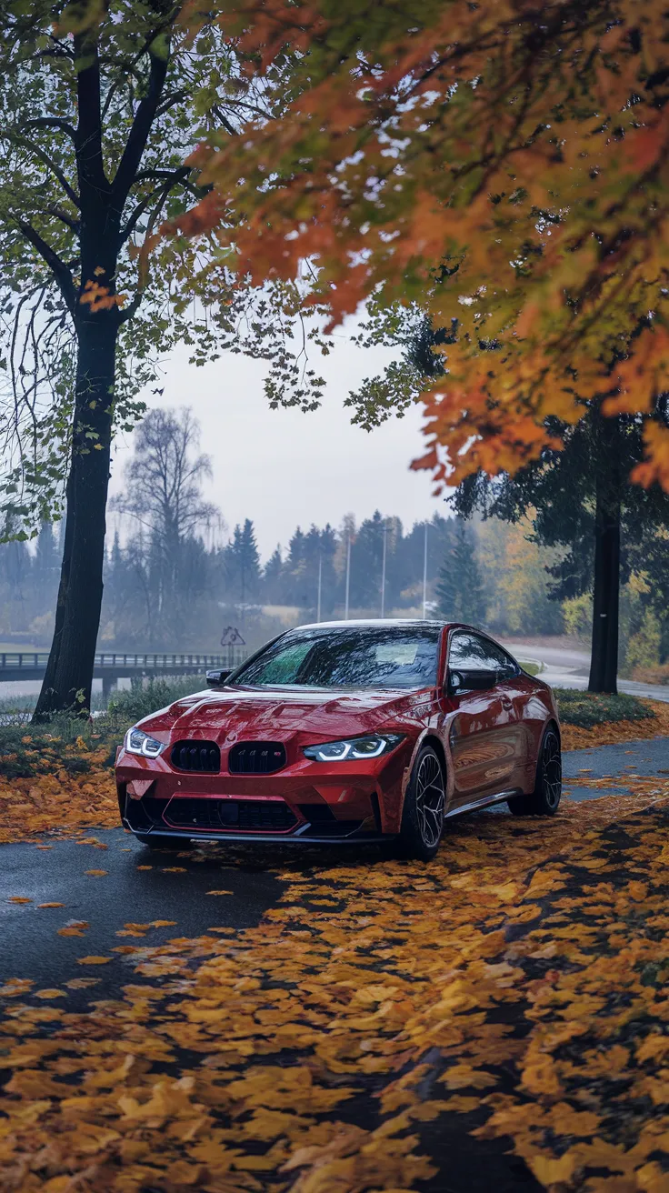 A BMW M4 G80 parked on a scenic road surrounded by autumn leaves.