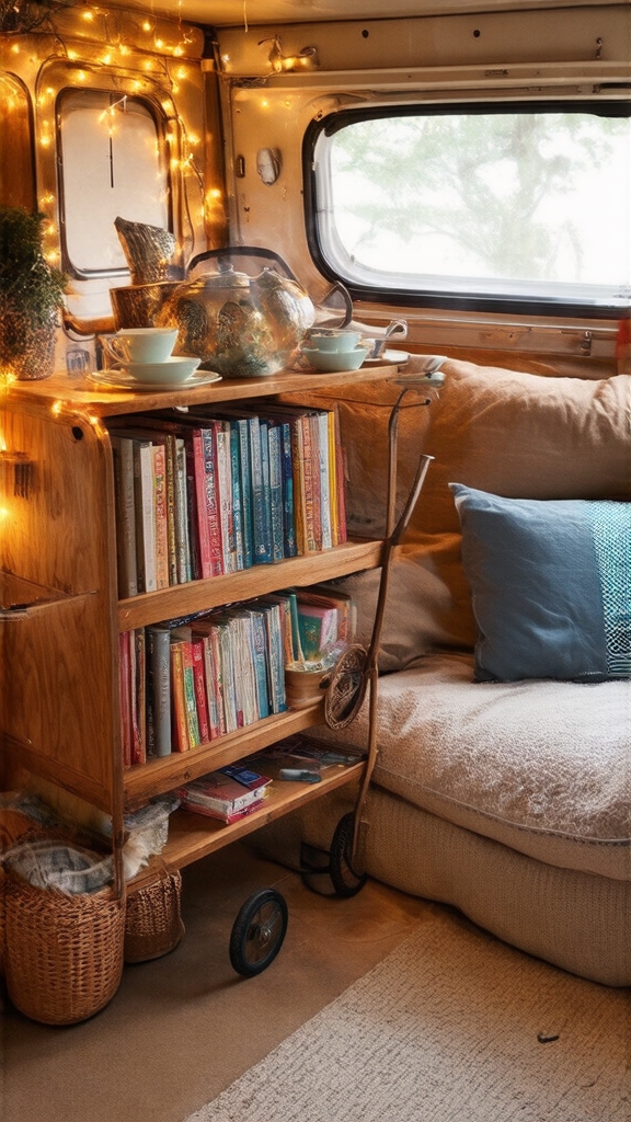 Books & Brews: A Camper Library Meets Tea Cart Cozy Corner
