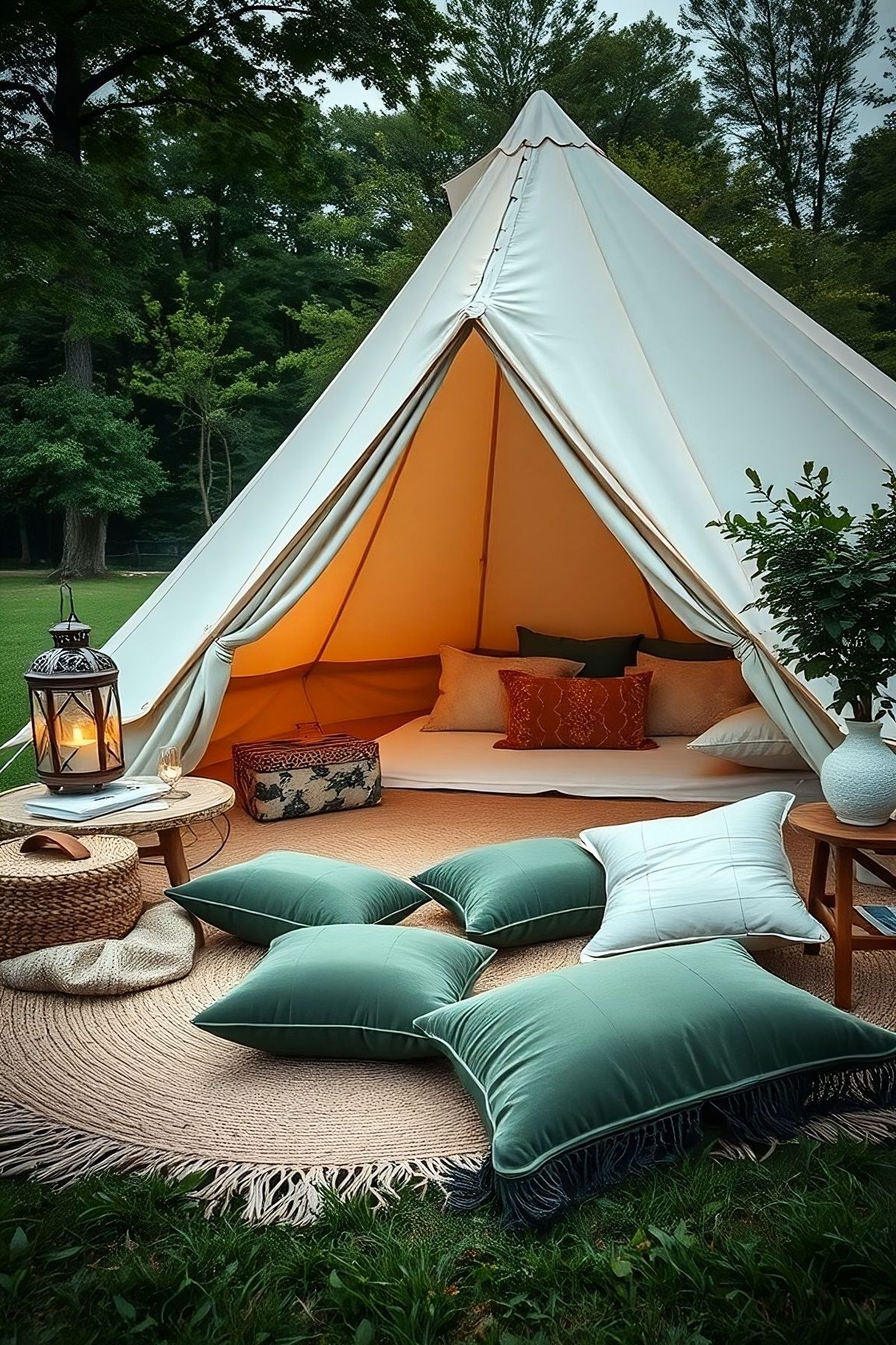 A cozy glamping setup with a tent, pillows, and a lantern in a natural setting.