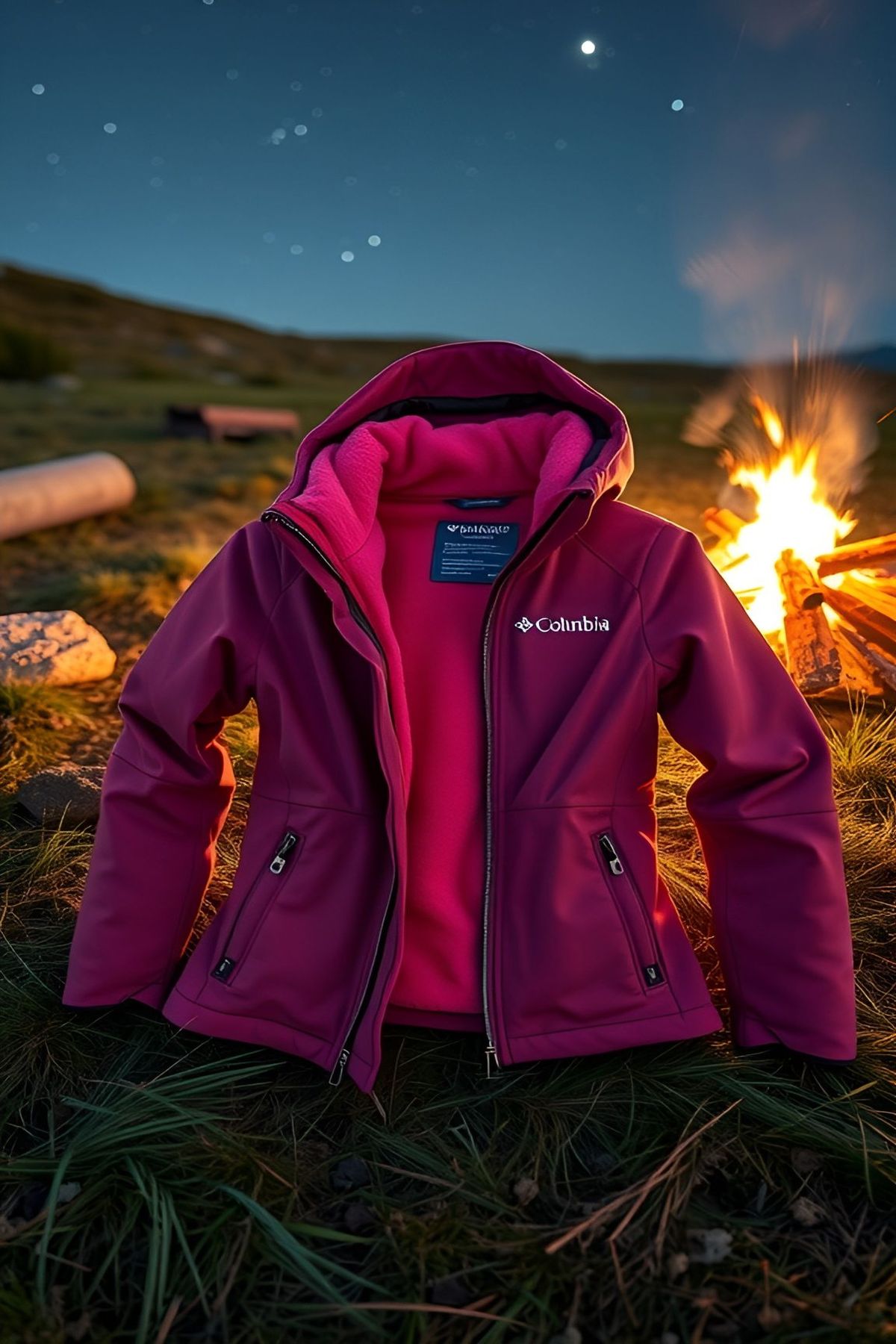 Columbia Women's Bugaboo II Fleece Interchange Jacket displayed near a campfire under a starry sky.