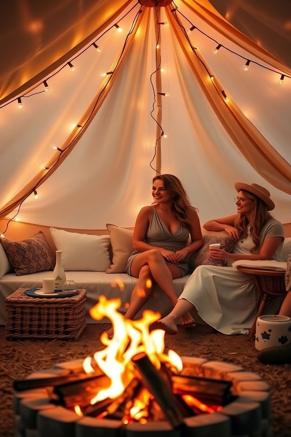 Two women enjoying glamping in a cozy tent with a campfire.