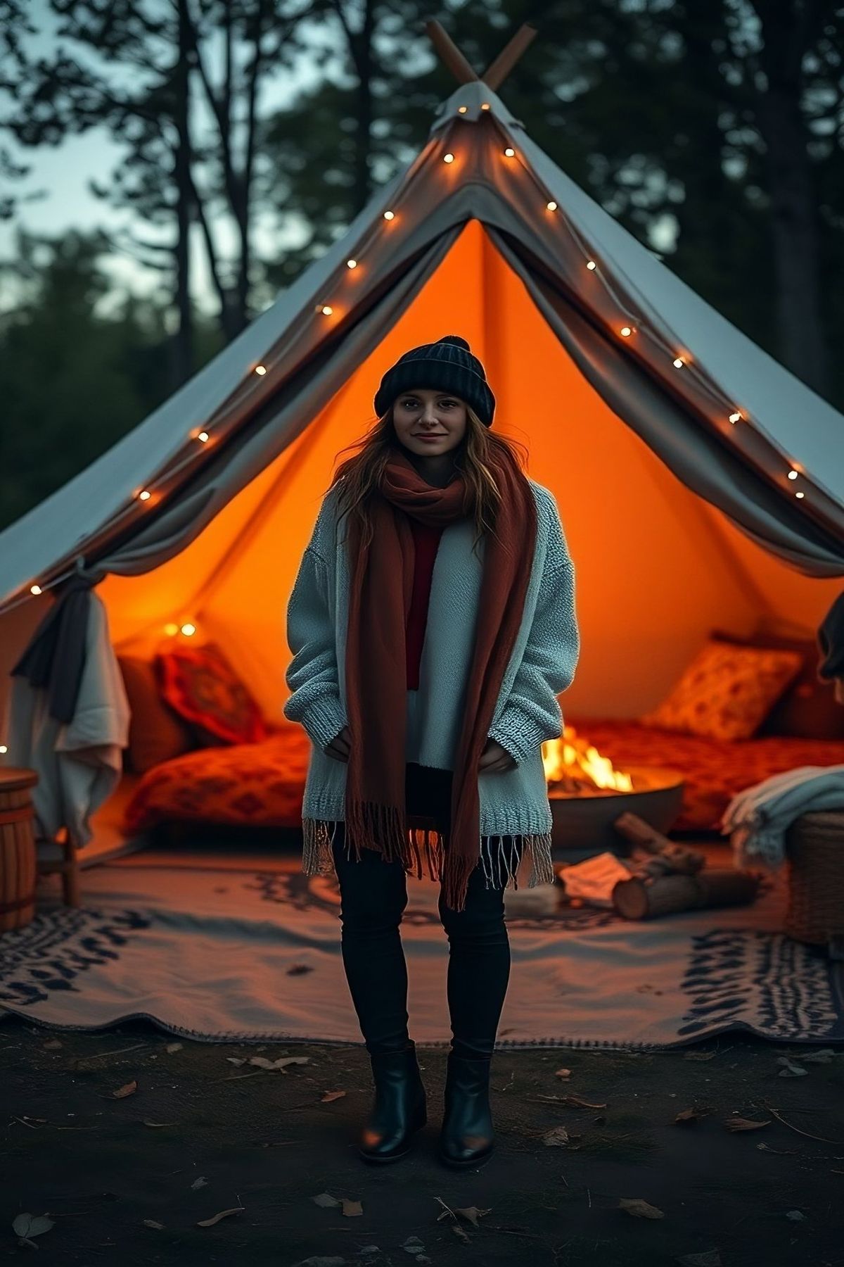 A woman in a cozy sweater and scarf standing outside a glamping tent by a fire.