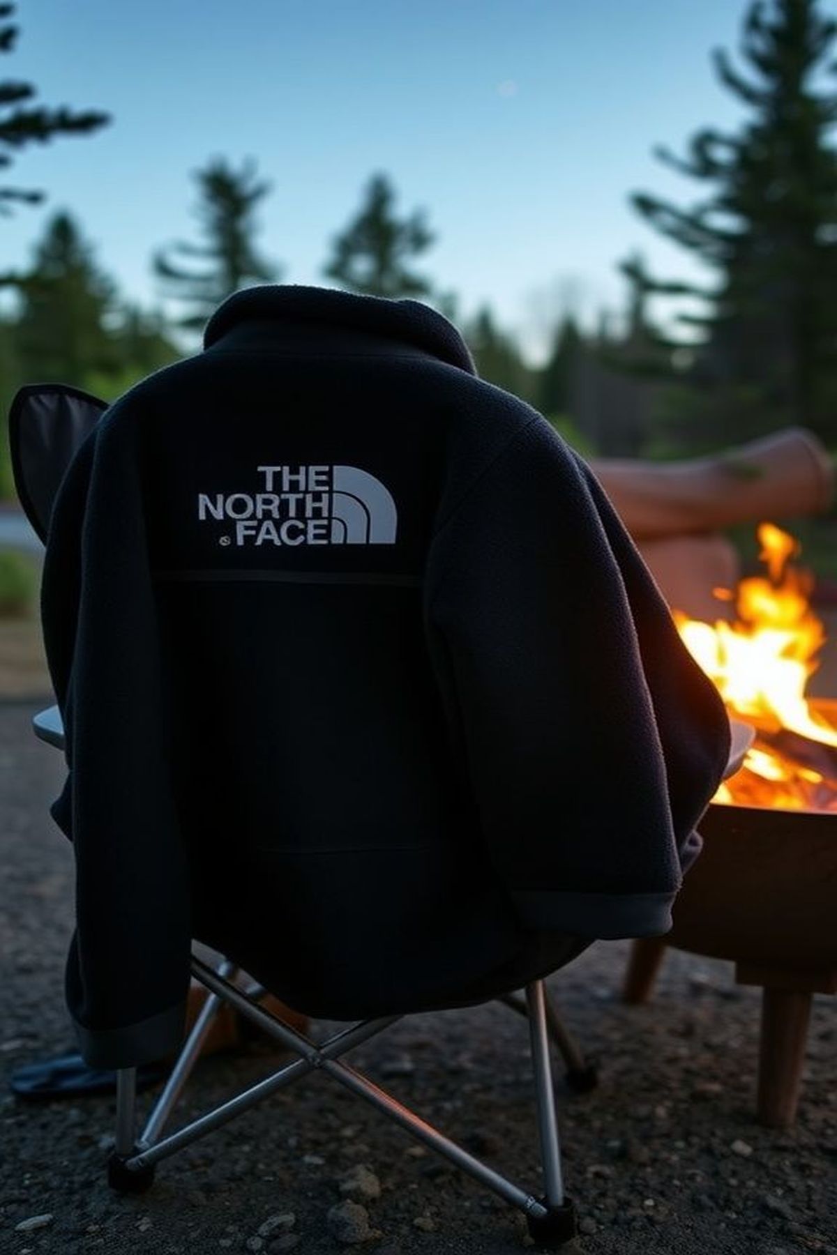 A North Face Osito 2 Jacket hanging on a camping chair near a campfire