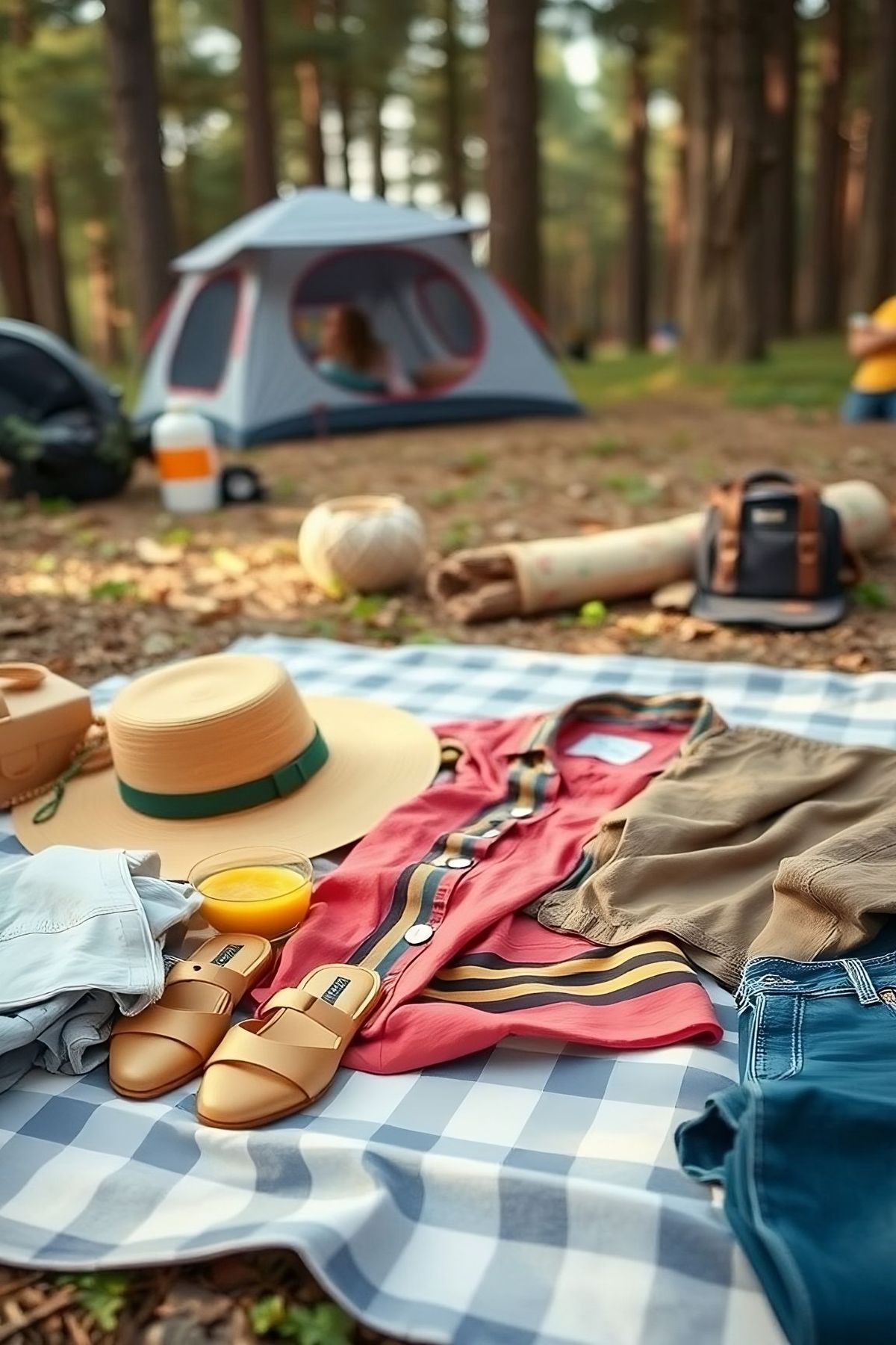 A stylish glamping outfit laid out on a picnic blanket with a tent in the background.