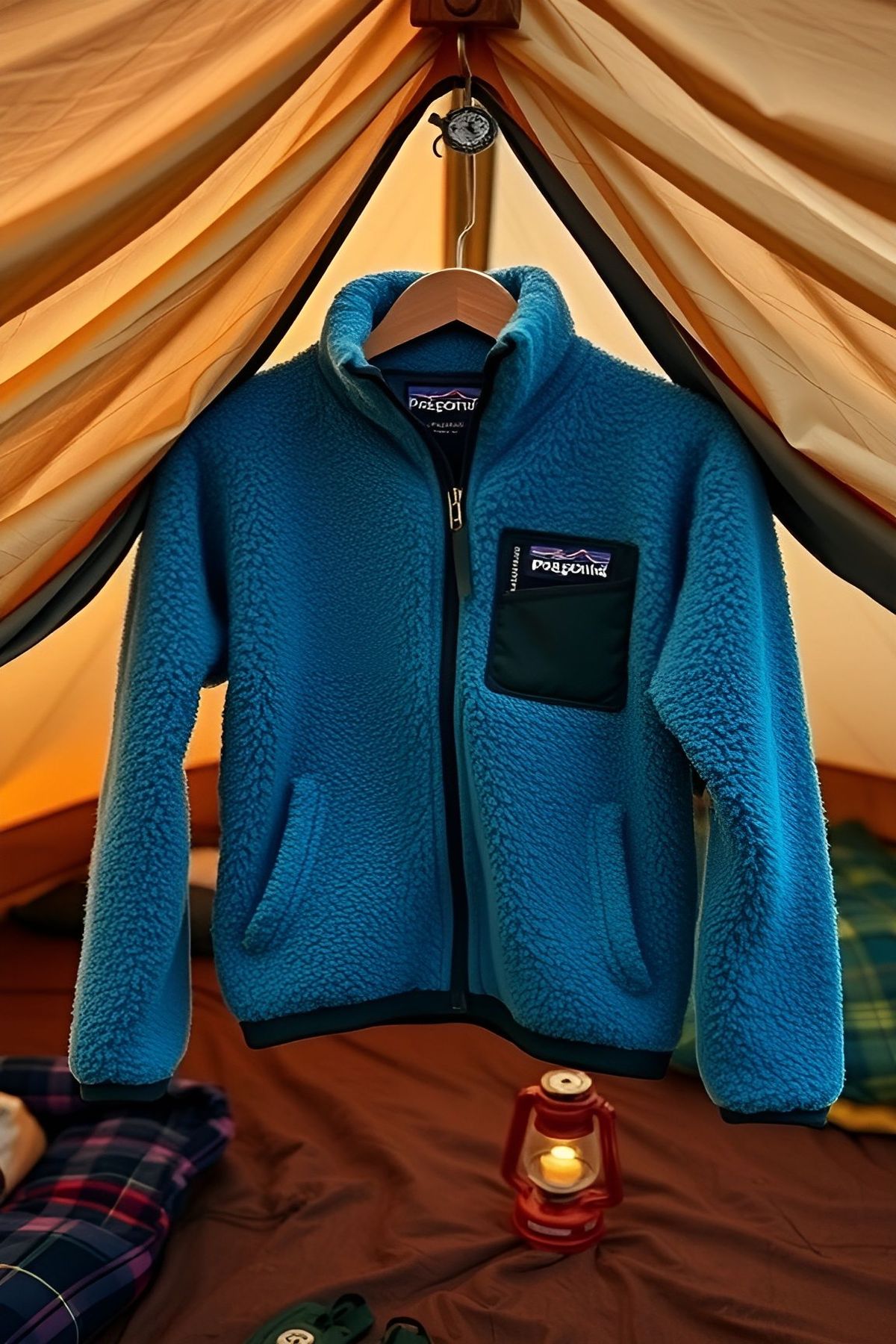 A Patagonia Better Sweater Fleece Jacket hanging inside a tent.