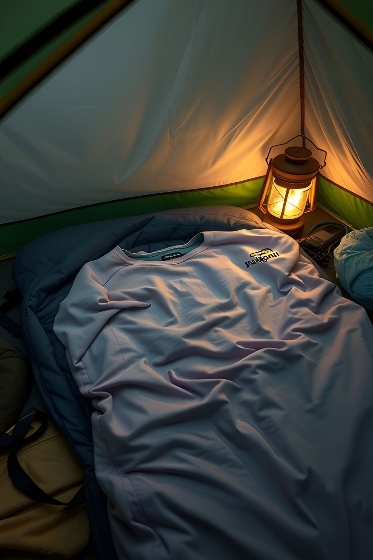Patagonia Women's Capilene Midweight Crew inside a tent with a lantern