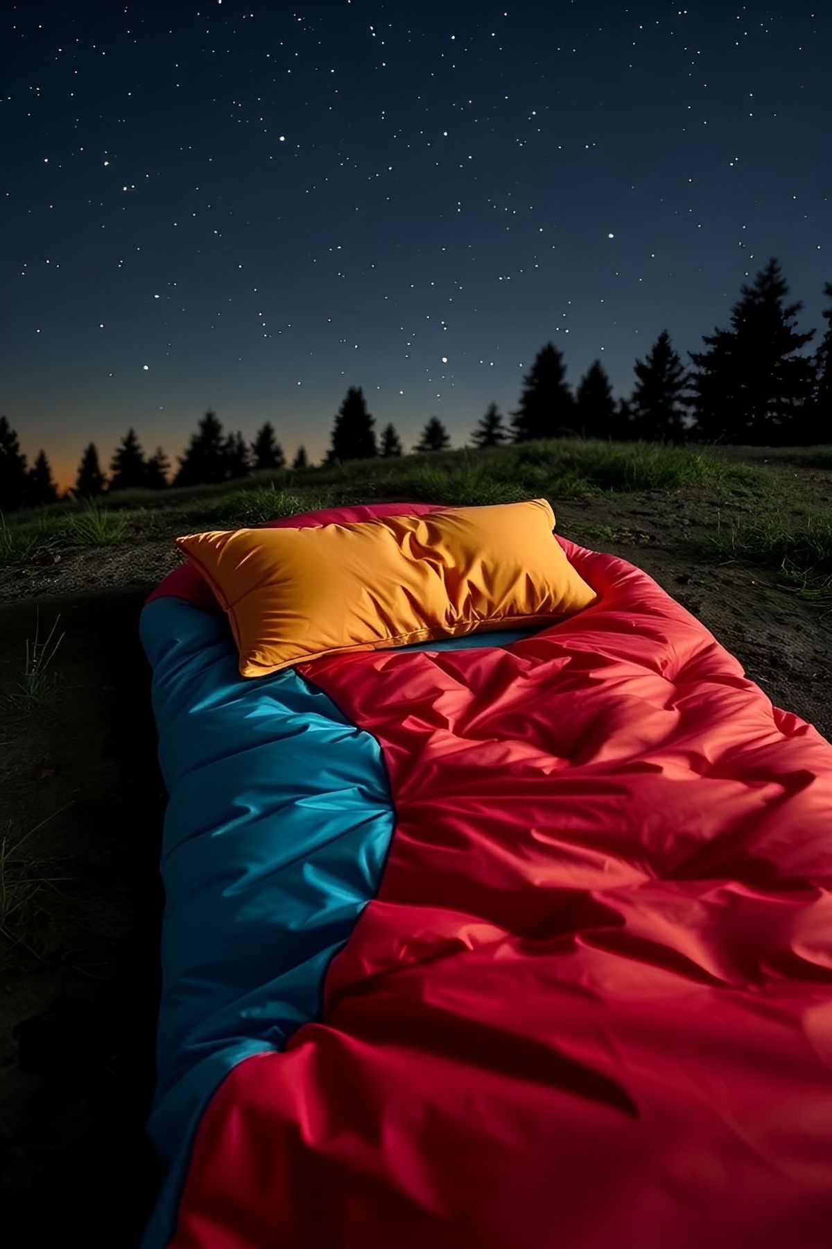 Colorful Rei Co-Op Camp Dreamer Sleeping Bag laid out under a starry night sky.