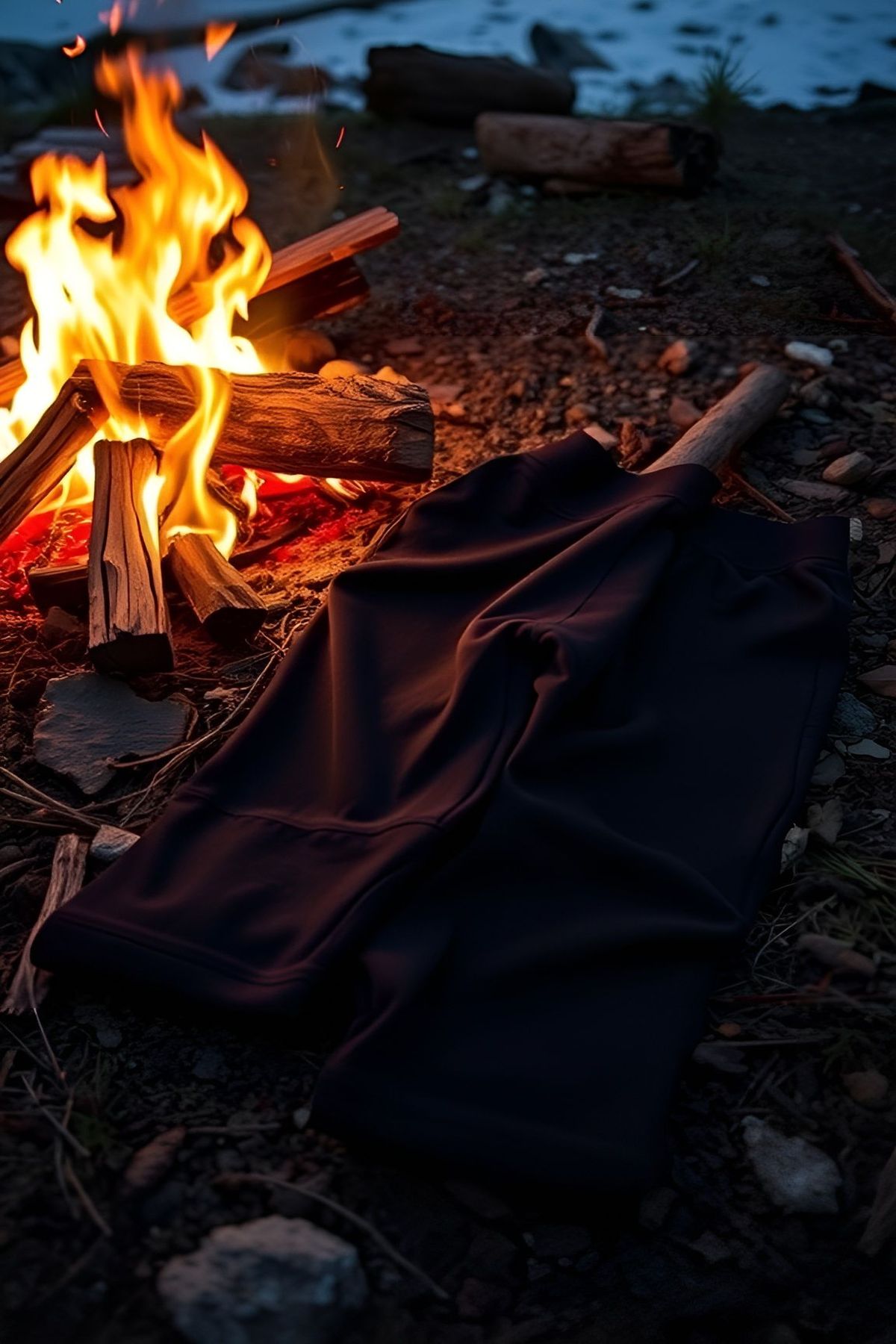 Smartwool Merino 250 Base Layer Bottoms laid on the ground near a campfire