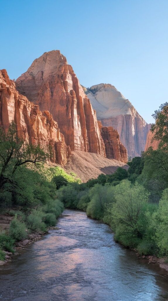Beautiful landscape of Zion National Park showing red cliffs and a flowing river.