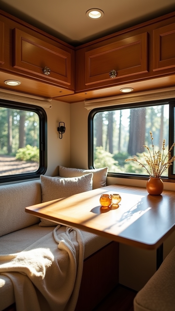 redwood inspired camper cabinet accents