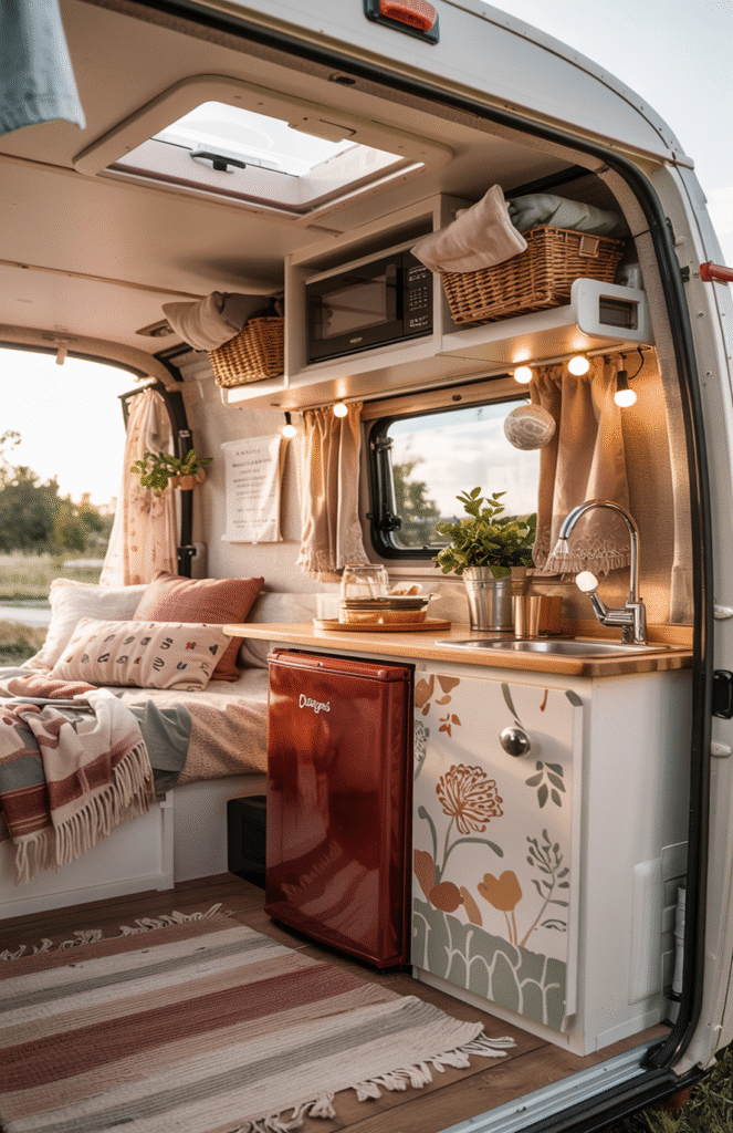 Warm Retro Micro Camper Kitchen With Floral Details