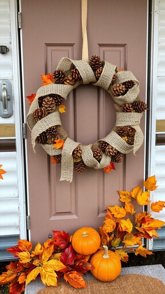 Fall-Themed Wreaths with Burlap and Pinecones