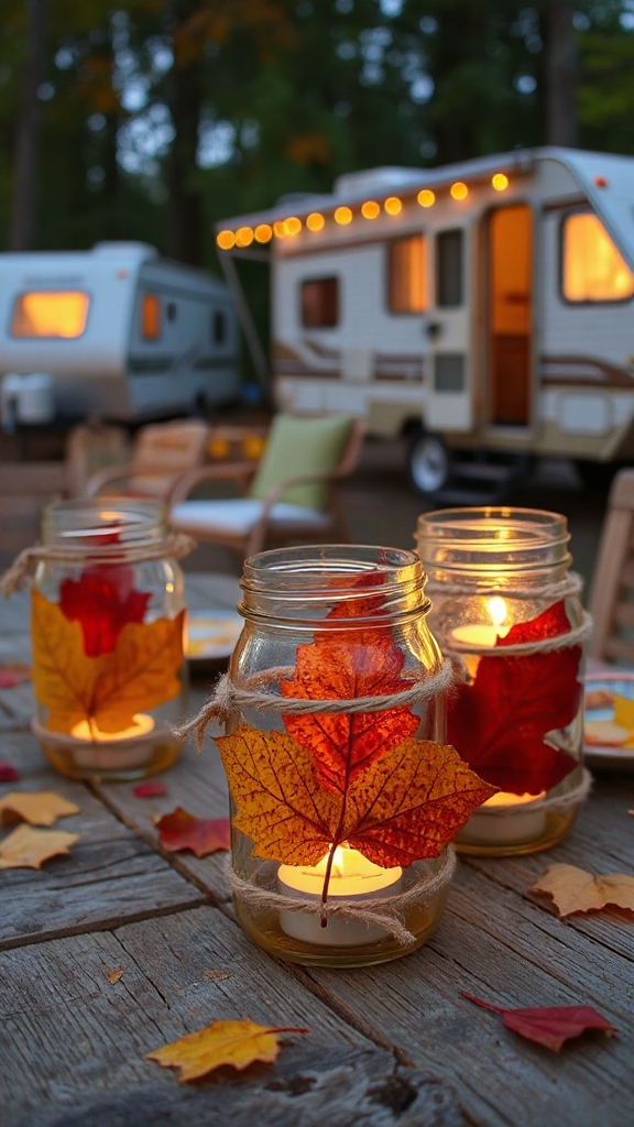 Mason Jar Candle Holders with Fall Leaves