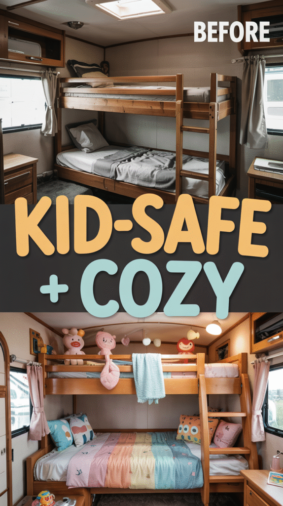 Kid-Friendly Bunk Room With Safety Rails and Blackout Curtains