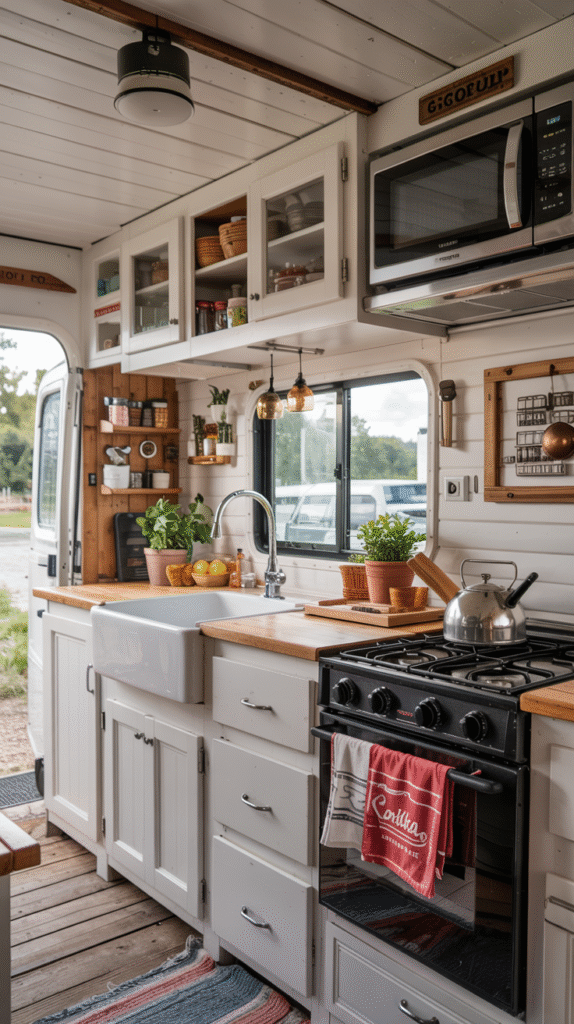 Cozy Camper Kitchen With Open Shelving and Warm Wood Accents