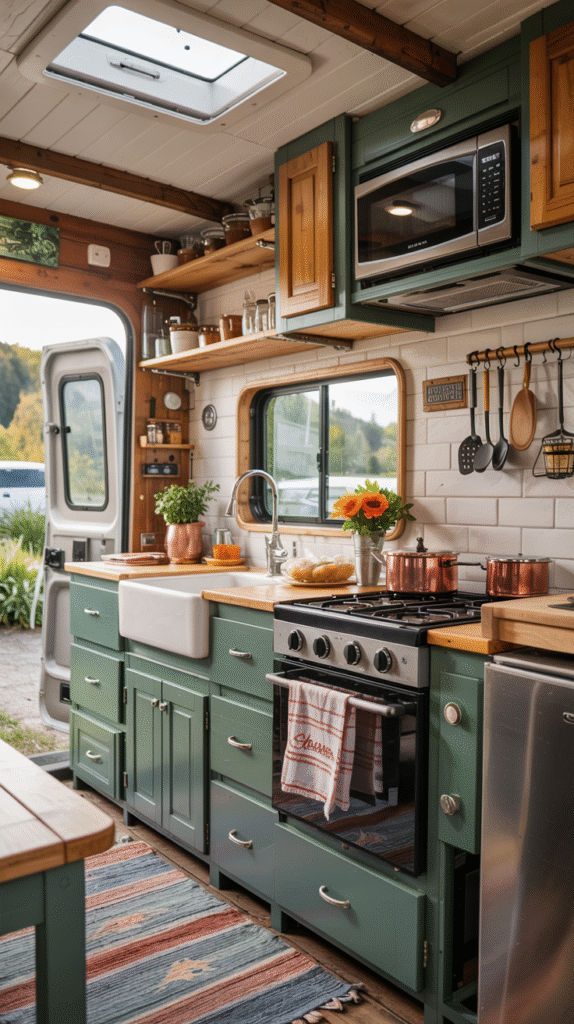 Sage Green Cabinets With Copper Accents
