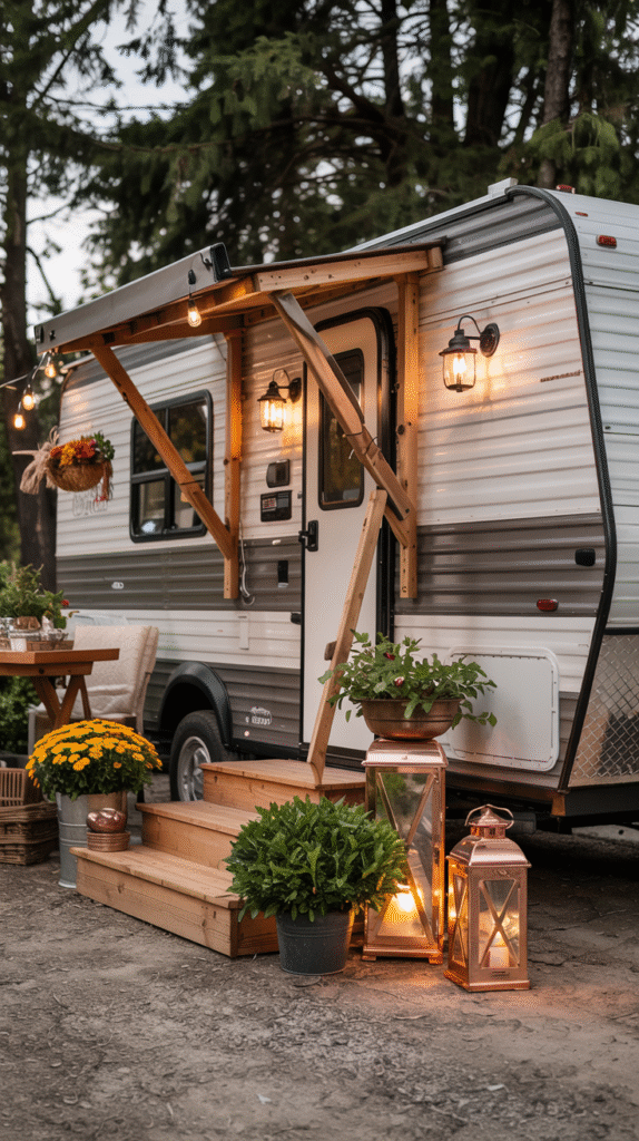 Warm Gray Exterior With Copper Lanterns and Seasonal Planters