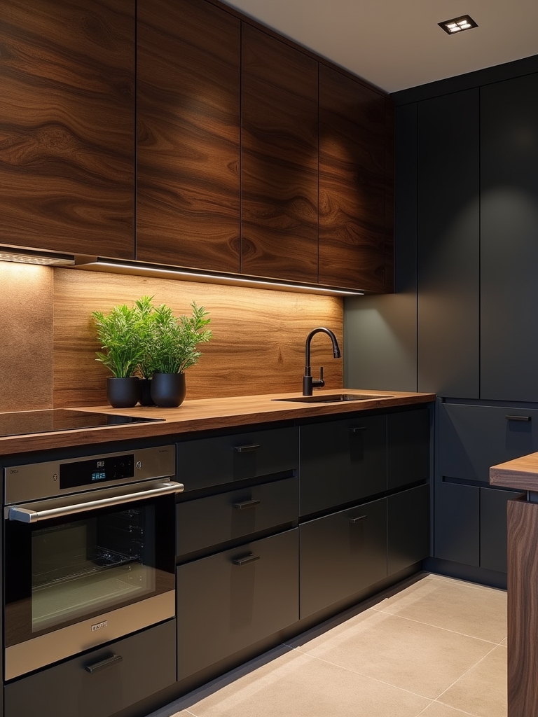 elegant walnut black kitchen design