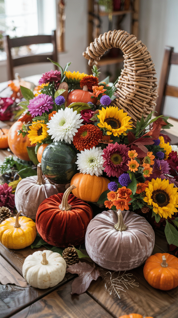 Traditional Cornucopia With Fresh Fall Flowers
