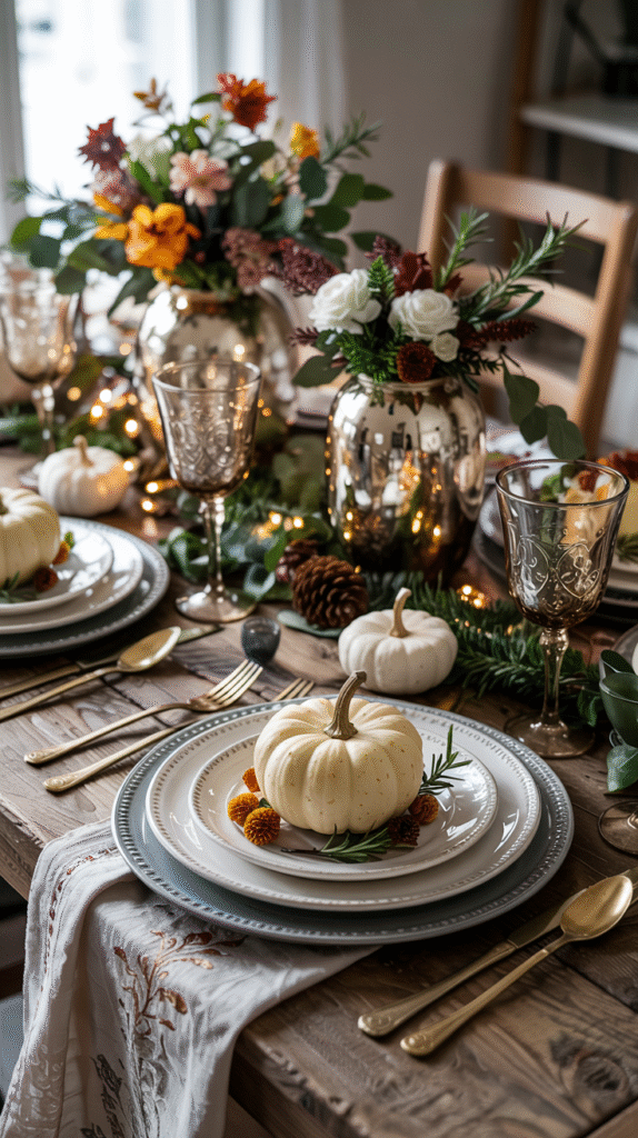 Vintage Tablecloth and Mercury Glass Centerpiece