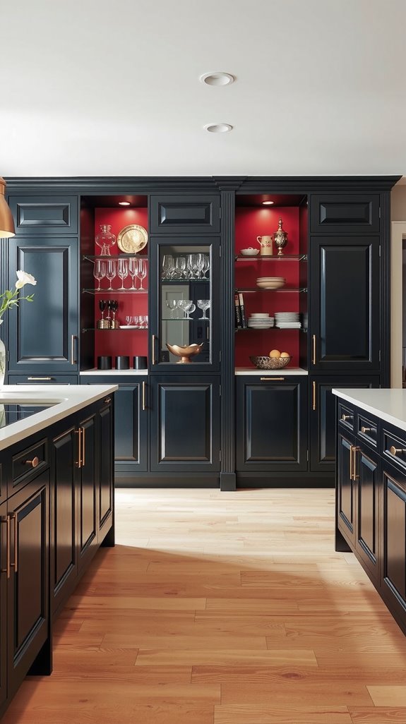 brass fixtures enhance black cabinetry