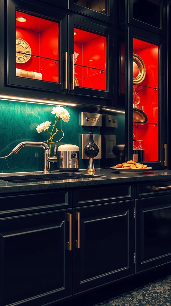 emerald backsplash black cabinets
