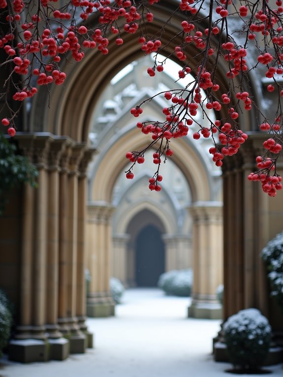holly boughs adorn archways