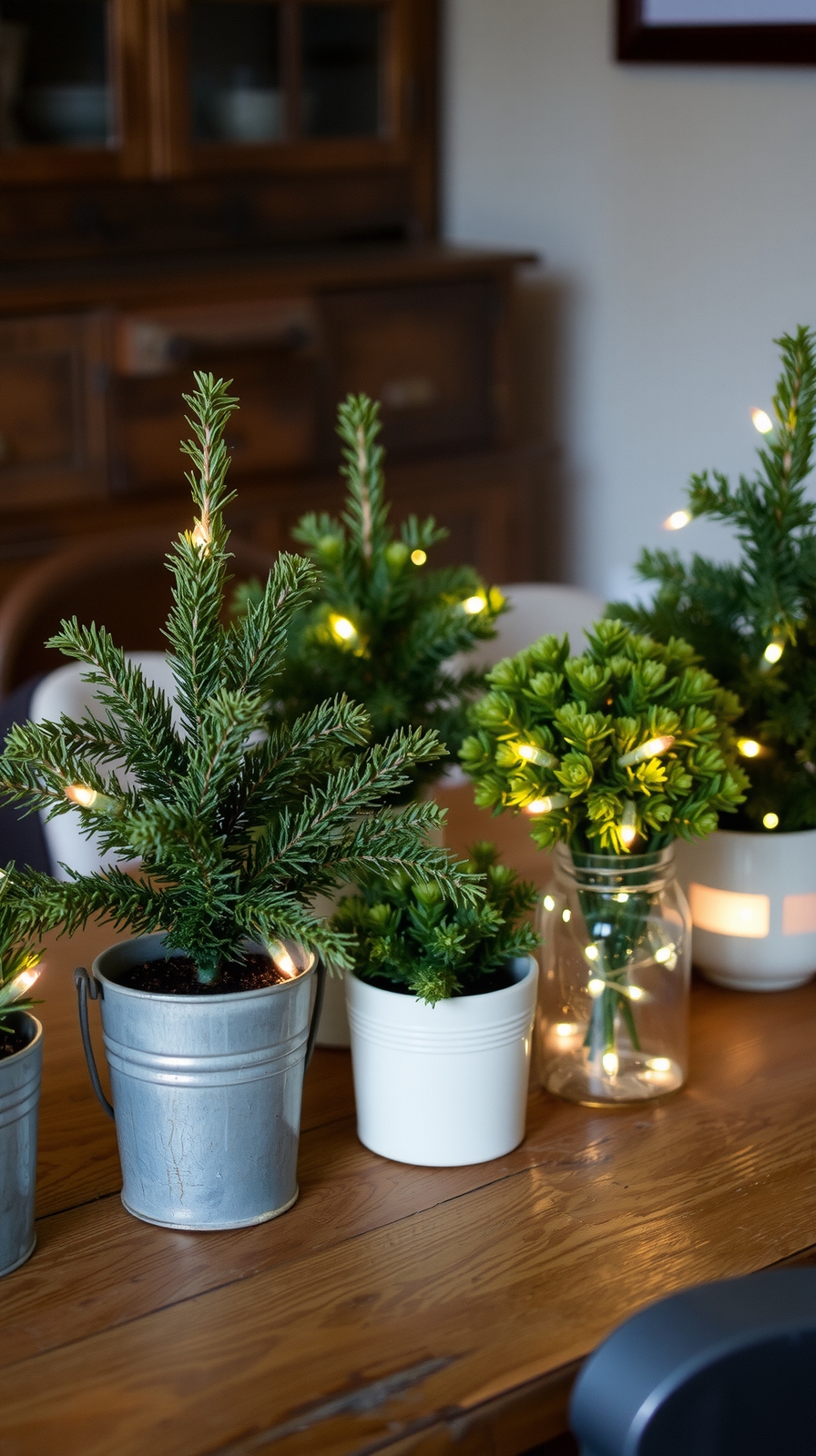 mini trees in vintage planters