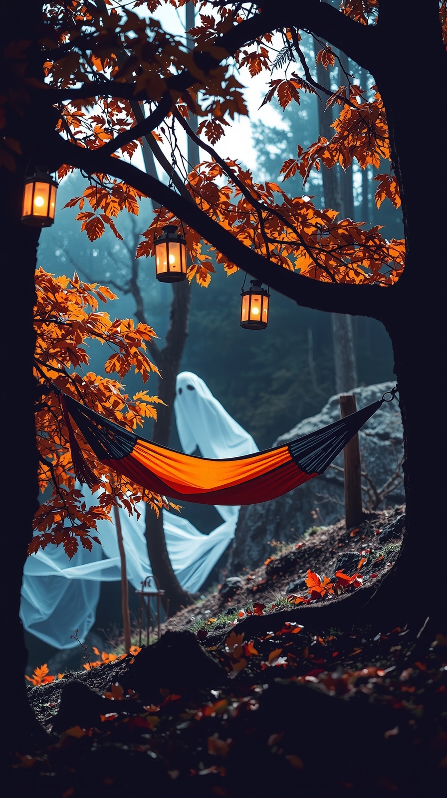 spooky orange black hammock setup