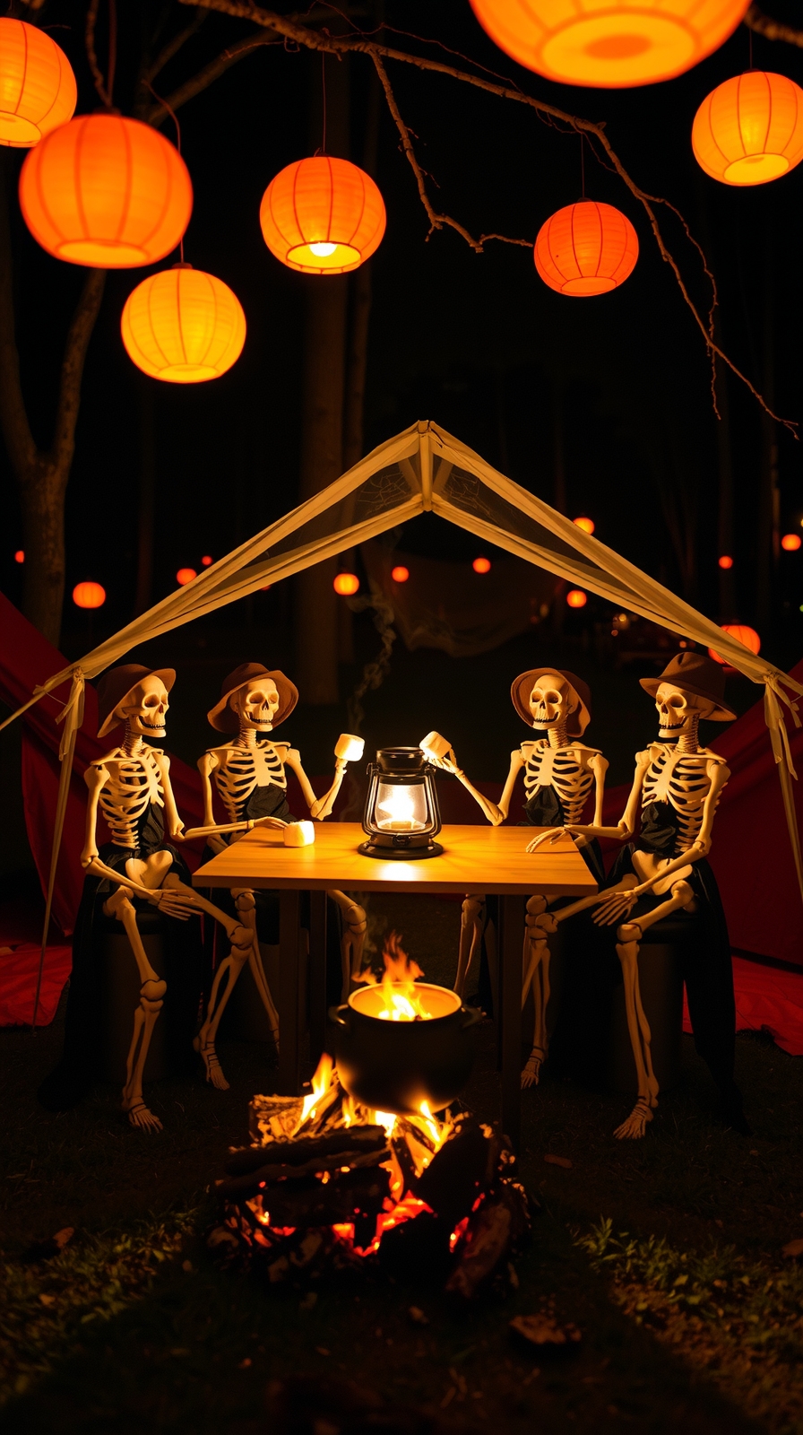 spooky skeleton camping setup