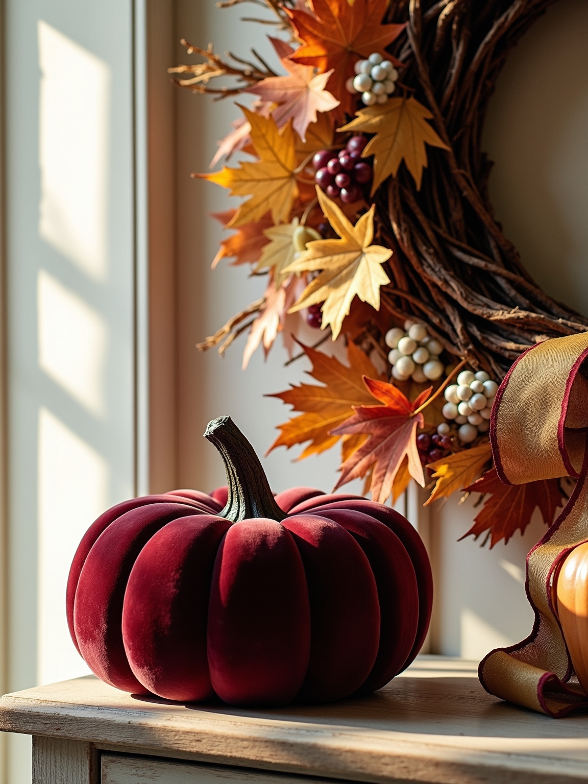 velvet pumpkins enhance wreaths