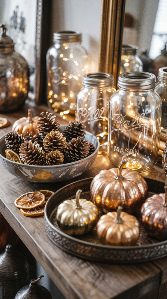 Fairy Light-Filled Glass Jars With Acorns and Mini Pumpkins