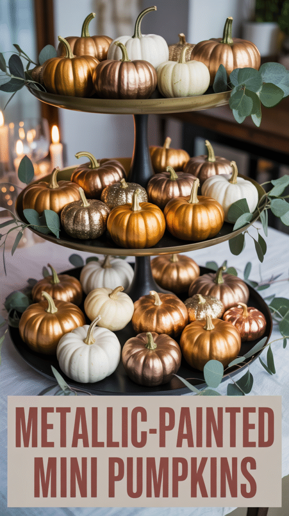 Metallic-Painted Mini Pumpkins Clustered on a Tray