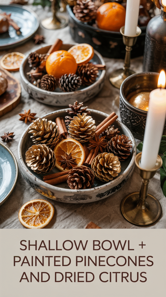 Shallow Bowl Filled With Painted Pinecones and Dried Citrus