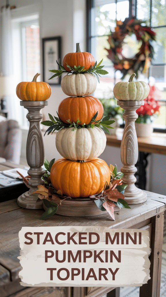 Stacked Mini Pumpkin Topiary on a Painted Candlestick