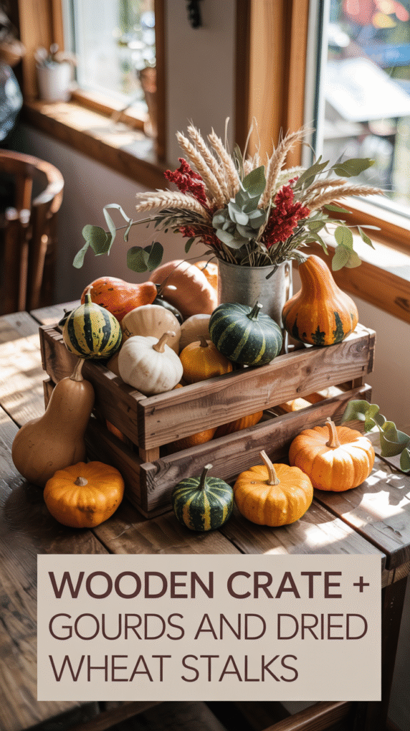 Wooden Crate Filled With Gourds and Dried Wheat Stalks