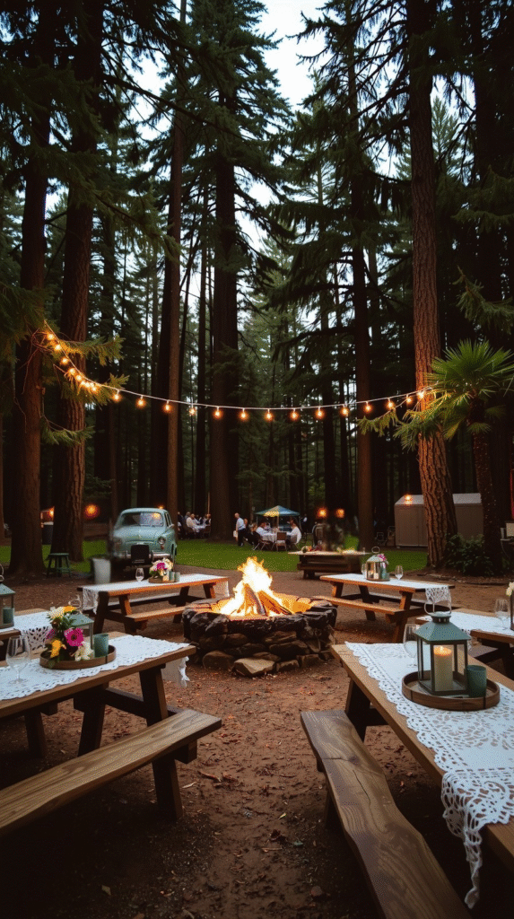 Wooden Picnic Tables Surrounding a Classic Fire Pit