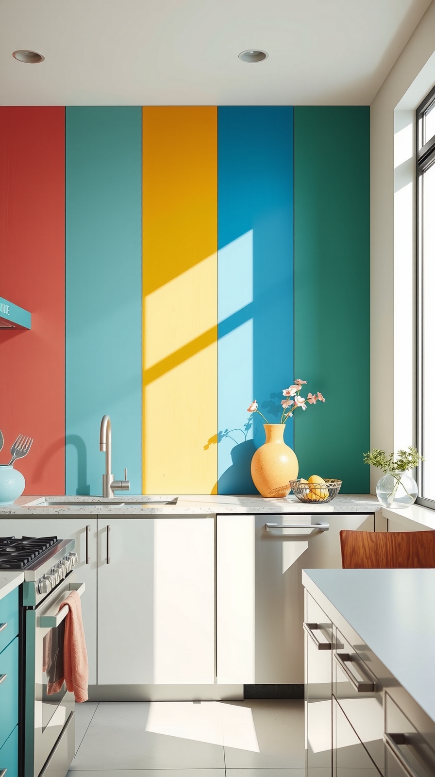 vibrant painted slats kitchen