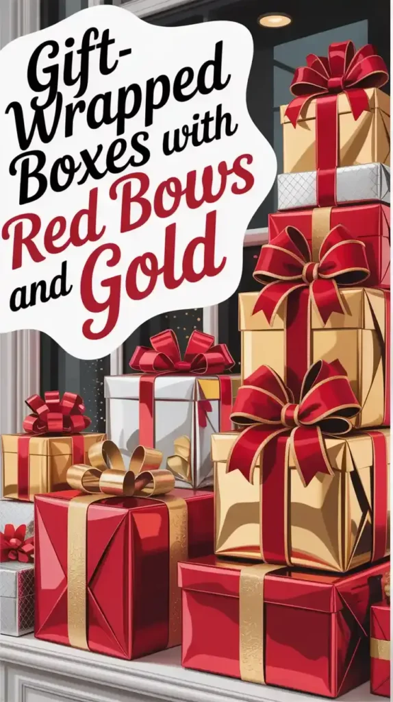 Gift-Wrapped Boxes With Red Bows and Gold Accents