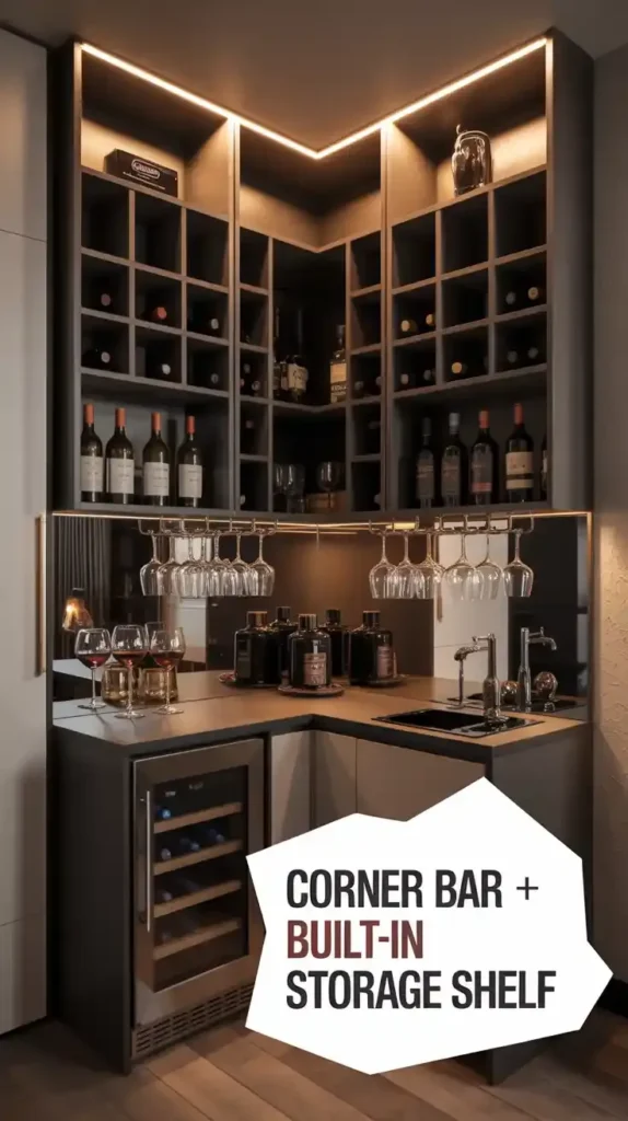 Corner Bar Setup With Built-In Storage Shelves