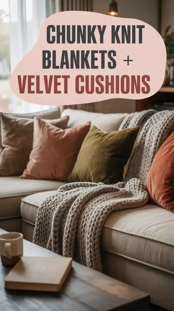 Layer Chunky Knit Blankets and Velvet Cushions for Texture