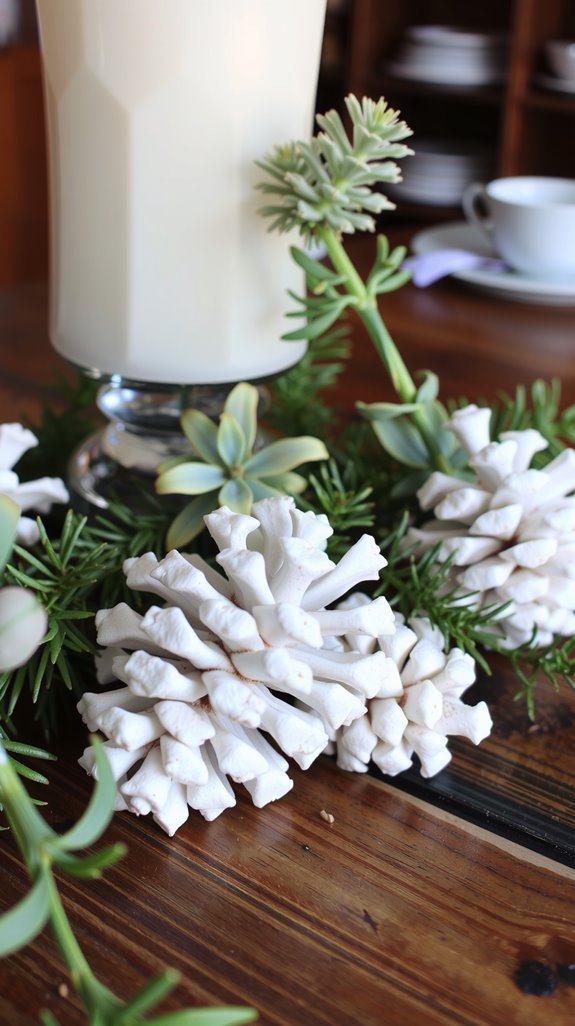 whitewashed pine cone accents