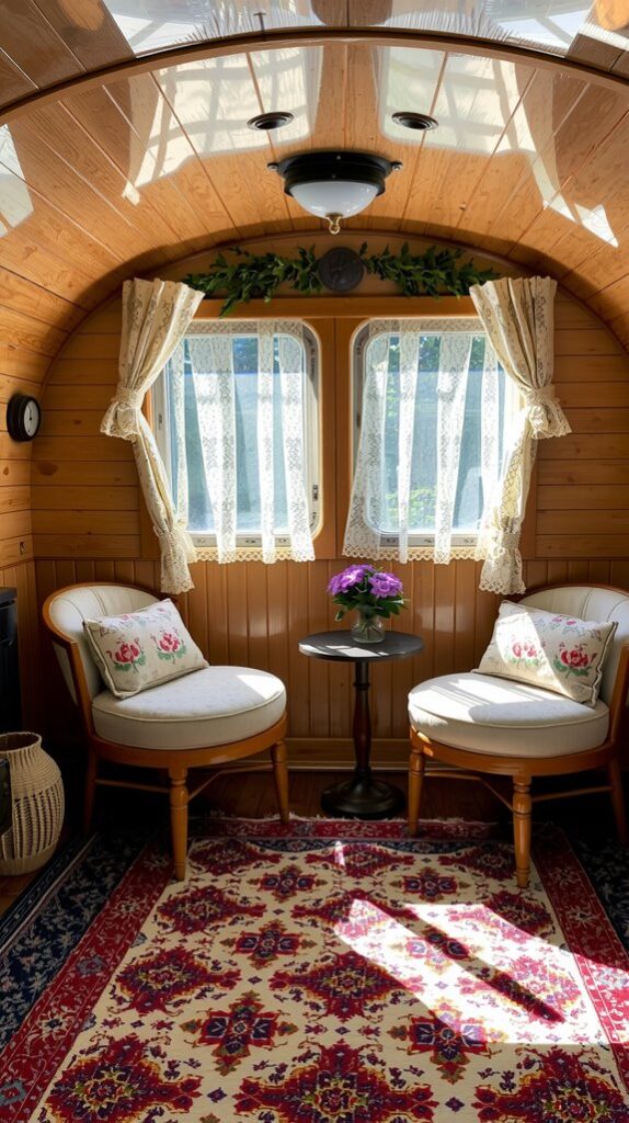 Romantic Lace Curtains and Florals in a 1970s Airstream