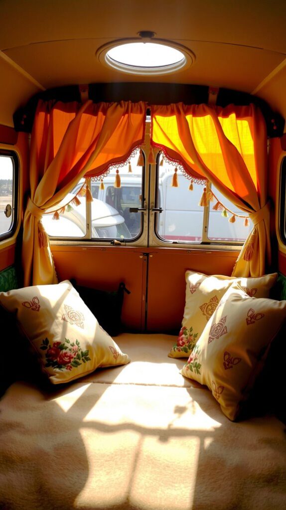 Tasseled Curtains and Embroidered Pillows in a VW Westfalia