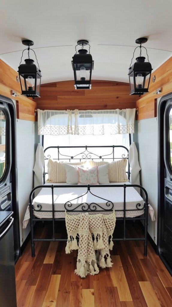 Wrought Iron Bed Frame and Vintage Linens in a Ram ProMaster