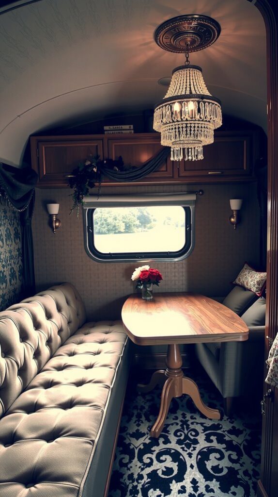 Damask Wallpaper and Button-Tufted Seating in a Custom Build