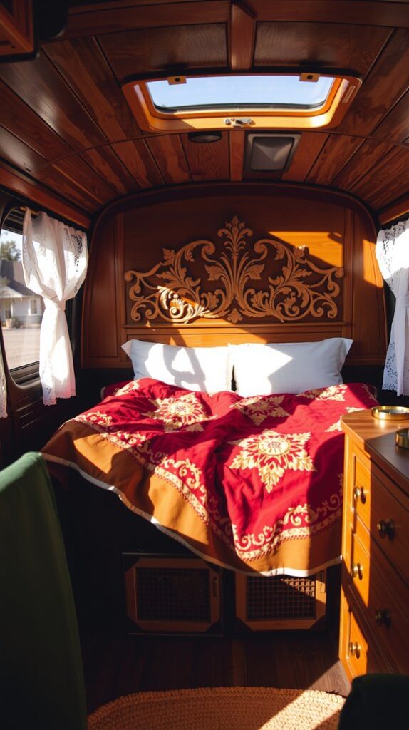 Hand-Carved Headboard and Heirloom Quilts in a Ford Transit
