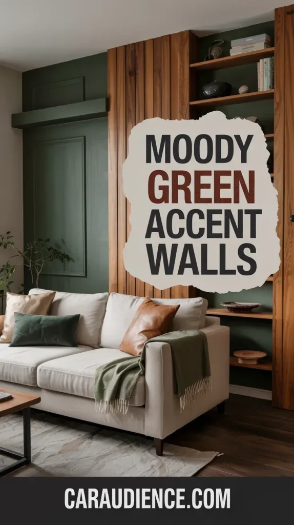 Moody Green Accent Walls With Warm Oak Paneling