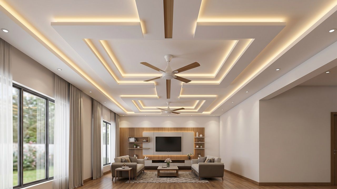 10 Latest False Ceiling Designs for Hall with 2 Fans